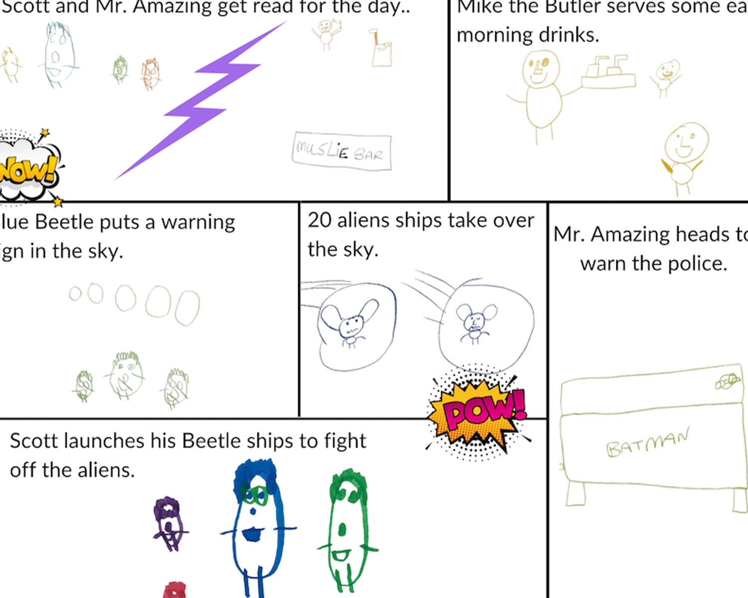 a comic book with drawings and text